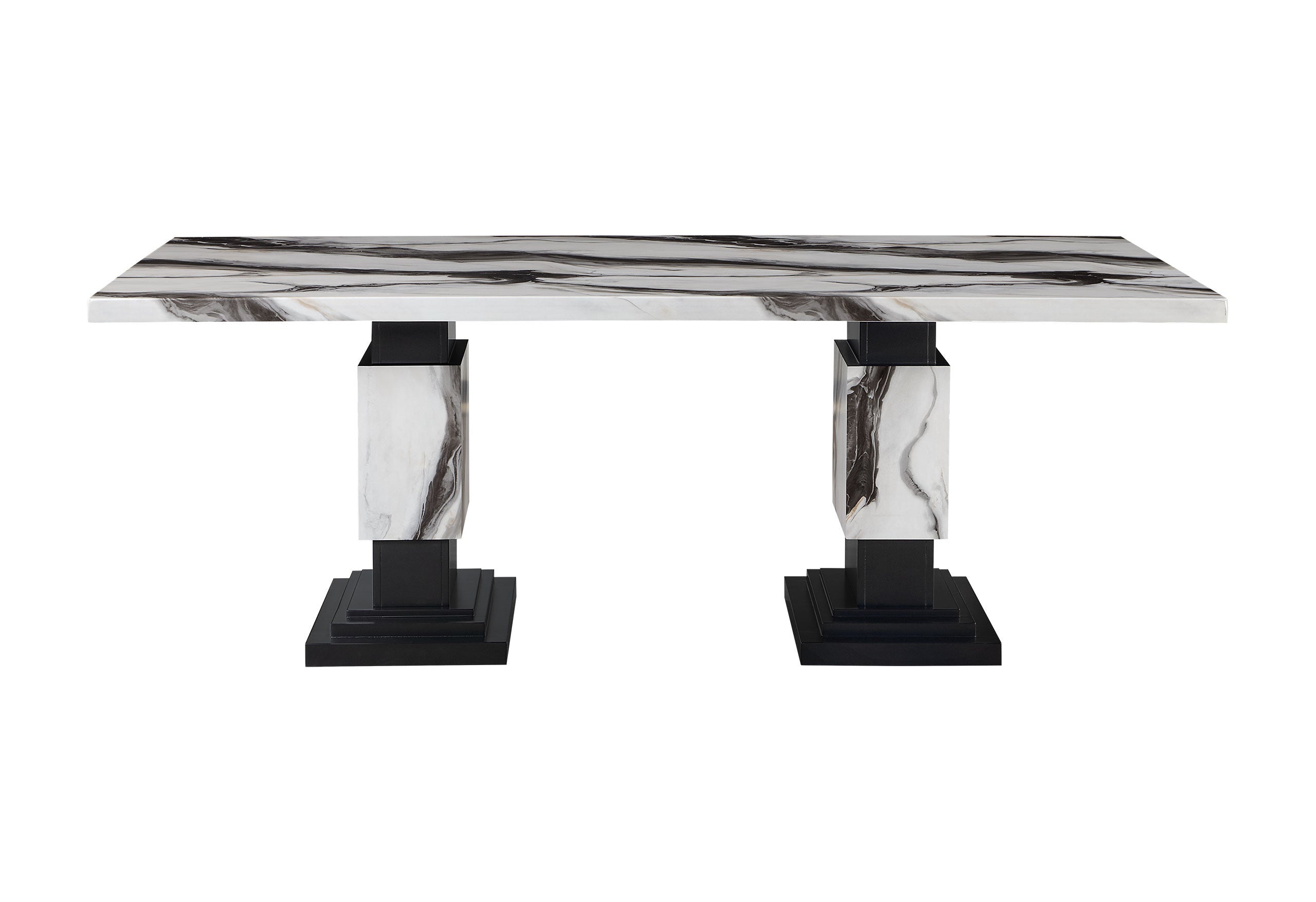 82" Black and White Faux Marble and Wood Double Pedestal Base Dining Table-Dining Tables-DECOROLALA