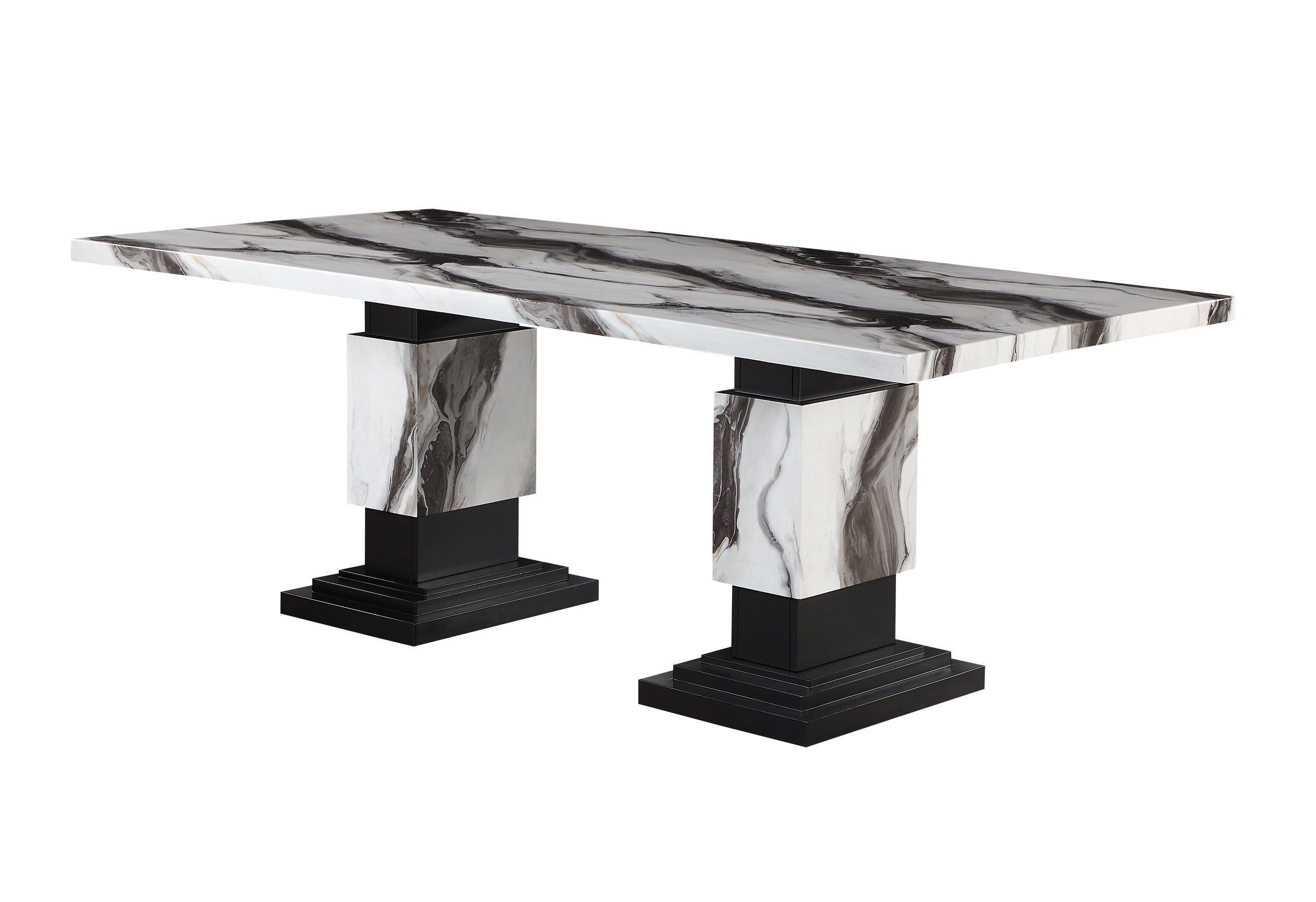 82" Black and White Faux Marble and Wood Double Pedestal Base Dining Table-Dining Tables-DECOROLALA