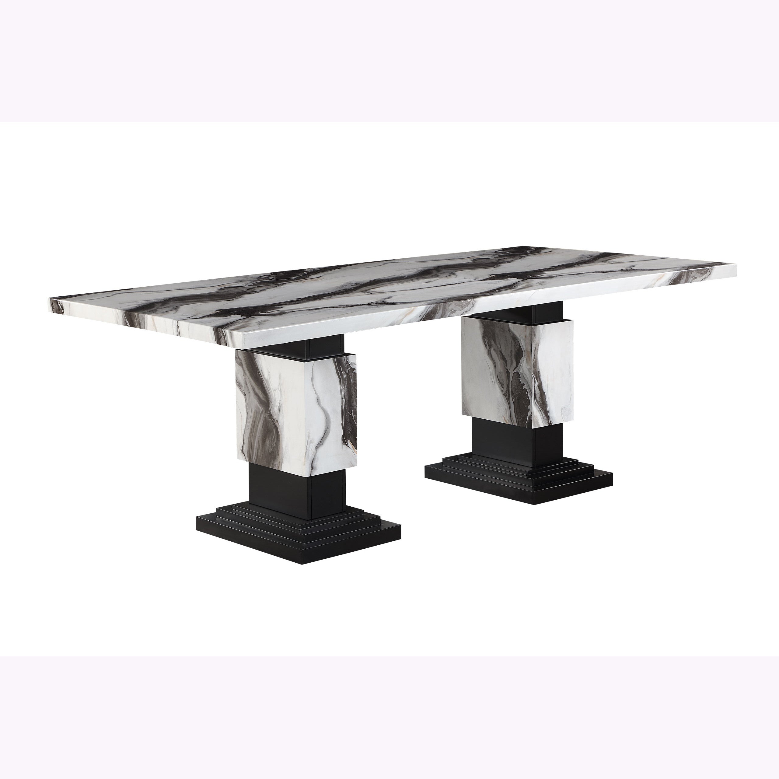 82" Black and White Faux Marble and Wood Double Pedestal Base Dining Table-Dining Tables-DECOROLALA