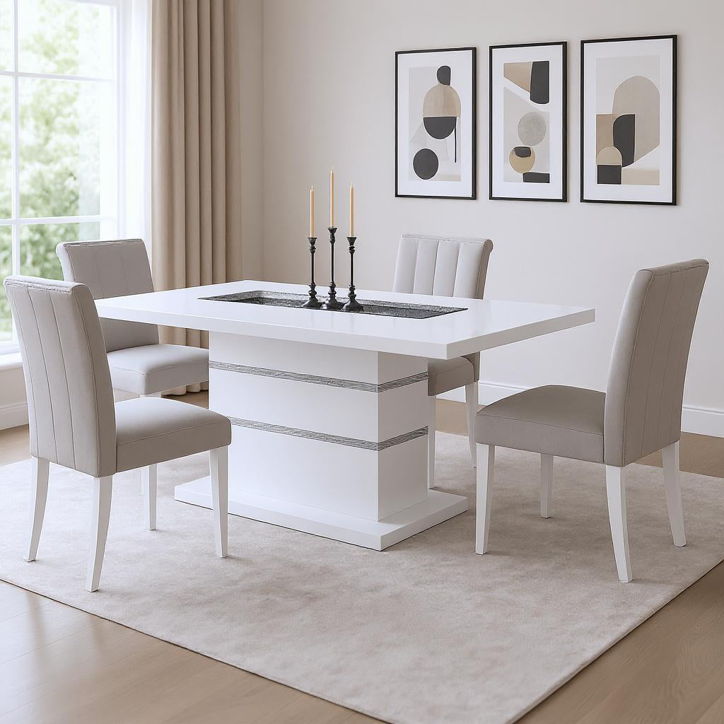 79" White Faux Crystals Glass and Wood Pedestal Base Dining Table-Dining Tables-DECOROLALA