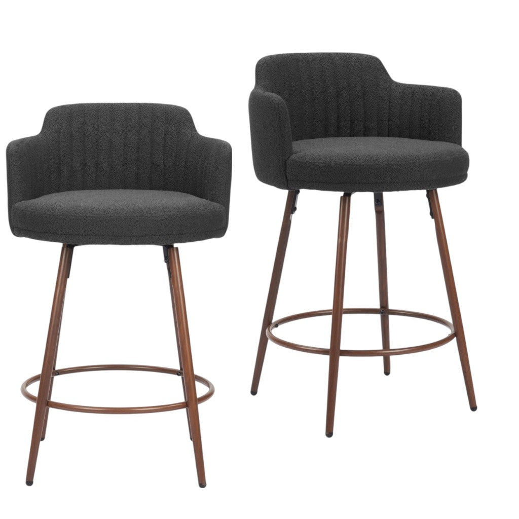 Set of Two 26" Black and Walnut Faux Shearling and Steel Counter Height Swivel Bar Chairs-6