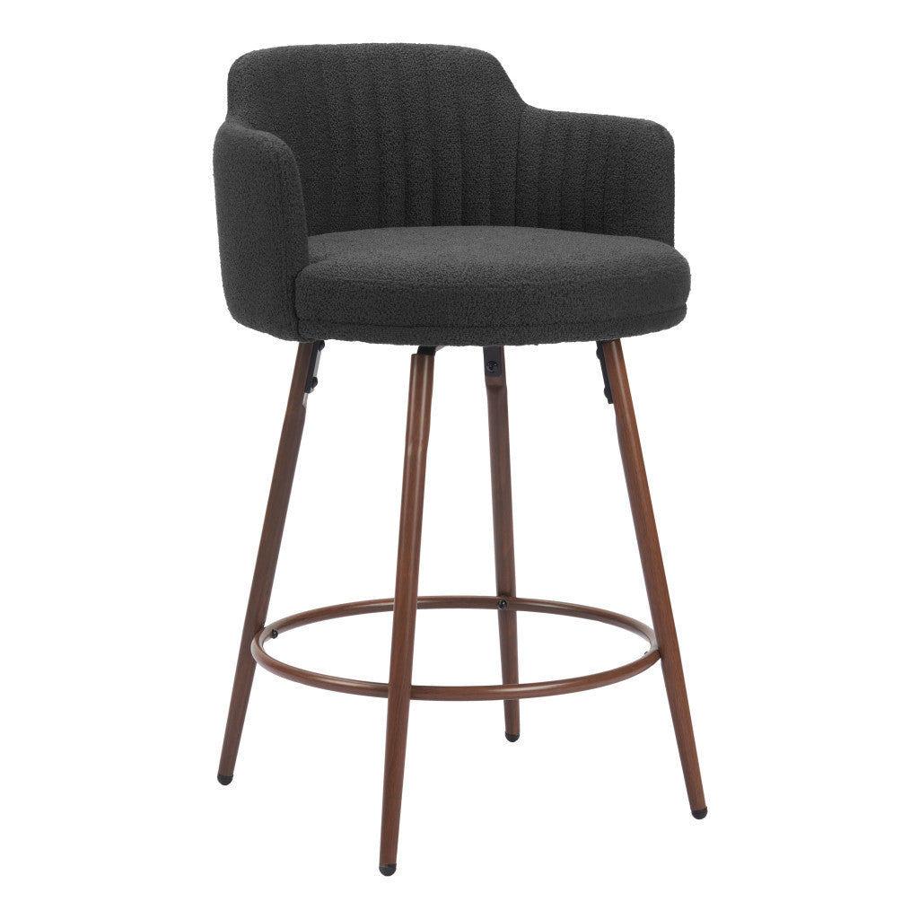 Set of Two 26" Black and Walnut Faux Shearling and Steel Counter Height Swivel Bar Chairs-1