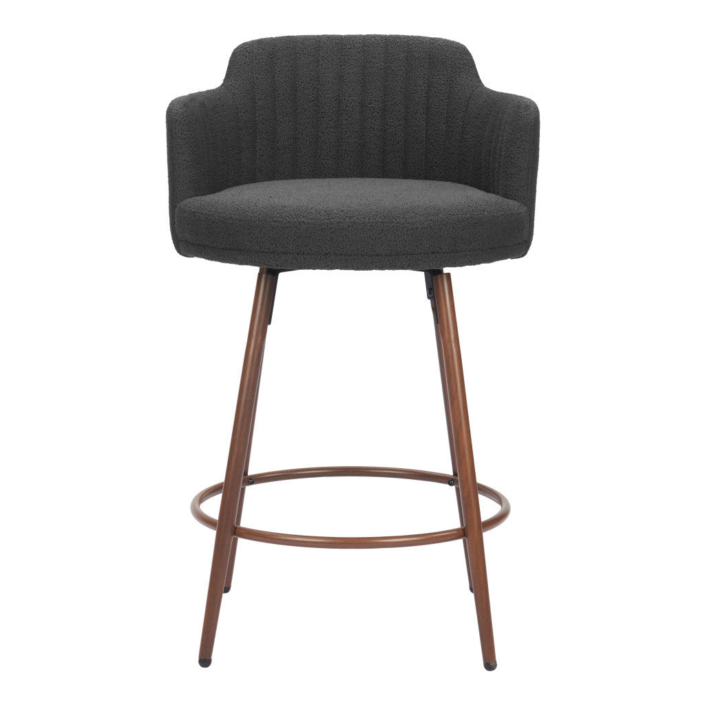Set of Two 26" Black and Walnut Faux Shearling and Steel Counter Height Swivel Bar Chairs-2