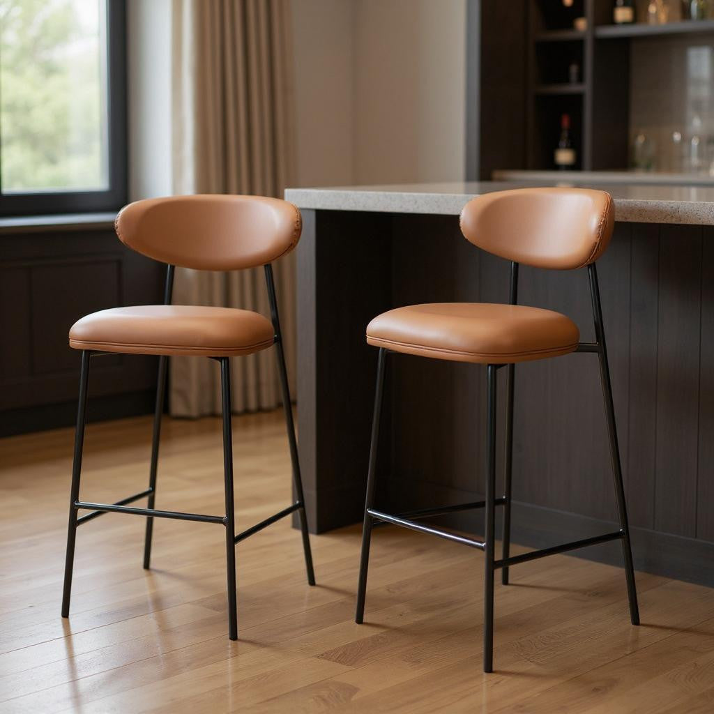 Set of Two 29" Brown and Black Faux Leather and Steel Low Back Bar Height Bar Chairs-0