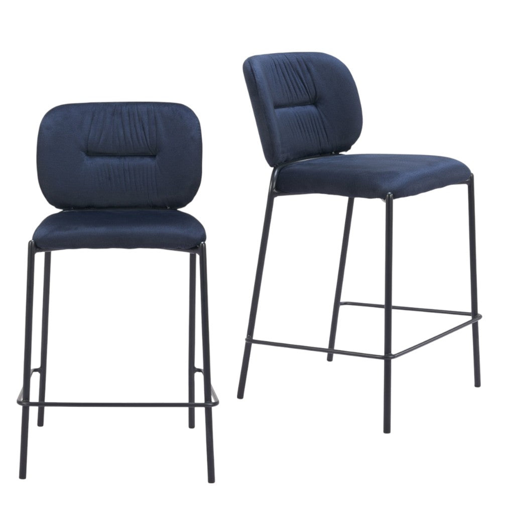 Set of Two 25" Blue and Black Velvet and Steel Counter Height Bar Chairs-8
