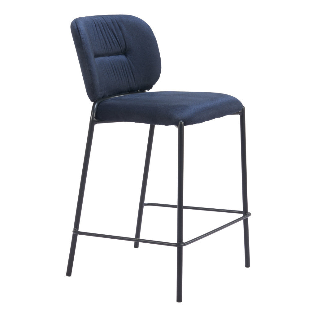 Set of Two 25" Blue and Black Velvet and Steel Counter Height Bar Chairs-1