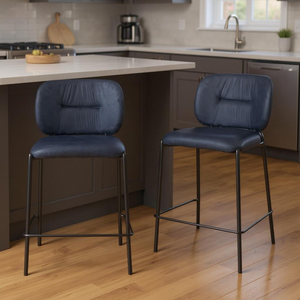 Set of Two 25" Blue and Black Velvet and Steel Counter Height Bar Chairs-0