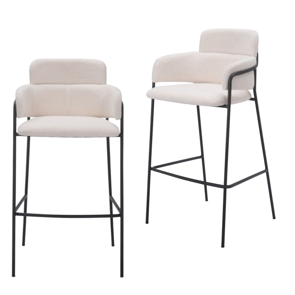 Set of Two 30" Cream and Black Faux Shearling and Steel Bar Height Bar Chairs-6