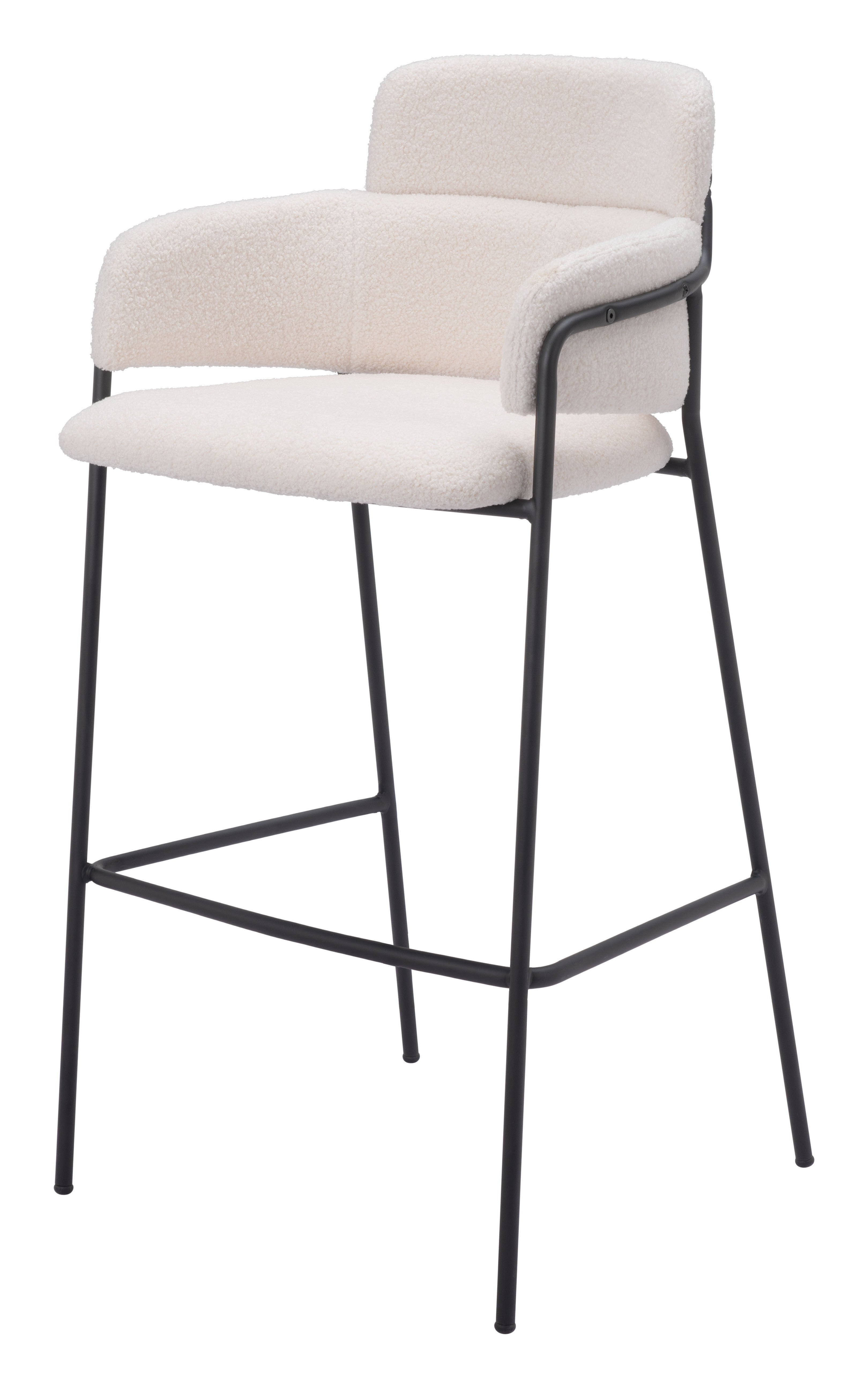 Set of Two 30" Cream and Black Faux Shearling and Steel Bar Height Bar Chairs-3