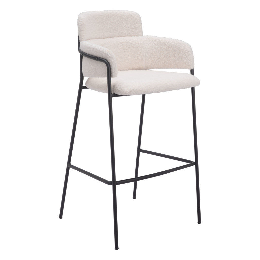 Set of Two 30" Cream and Black Faux Shearling and Steel Bar Height Bar Chairs-1