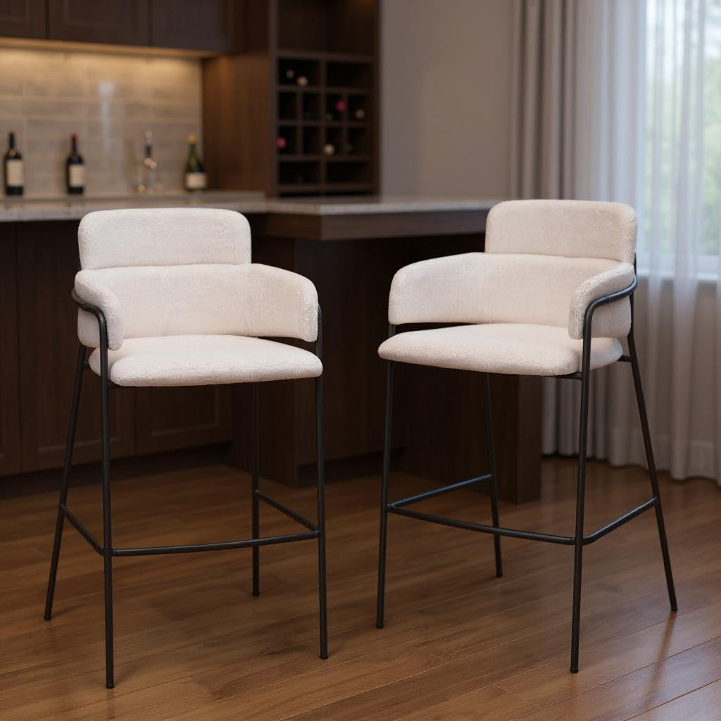 Set of Two 30" Cream and Black Faux Shearling and Steel Bar Height Bar Chairs-0