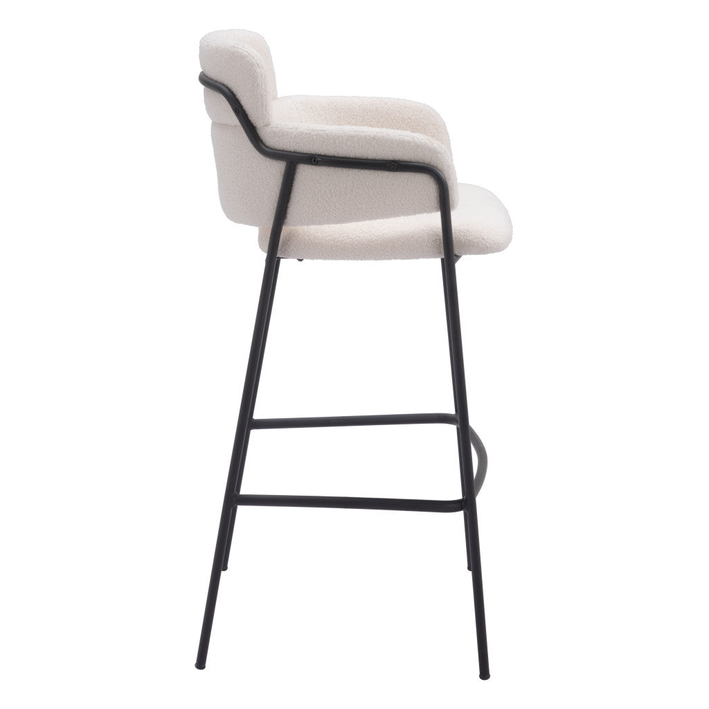 Set of Two 30" Cream and Black Faux Shearling and Steel Bar Height Bar Chairs-4