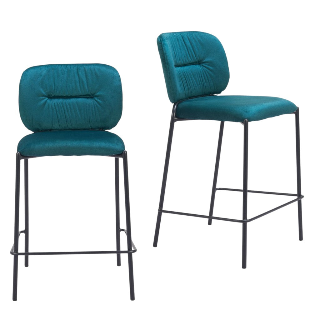 Set of Two 25" Green and Black Velvet and Steel Counter Height Bar Chairs-7