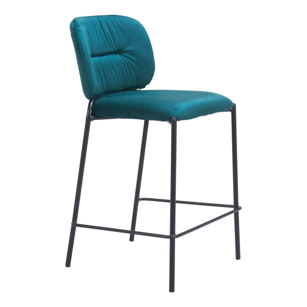 Set of Two 25" Green and Black Velvet and Steel Counter Height Bar Chairs-1