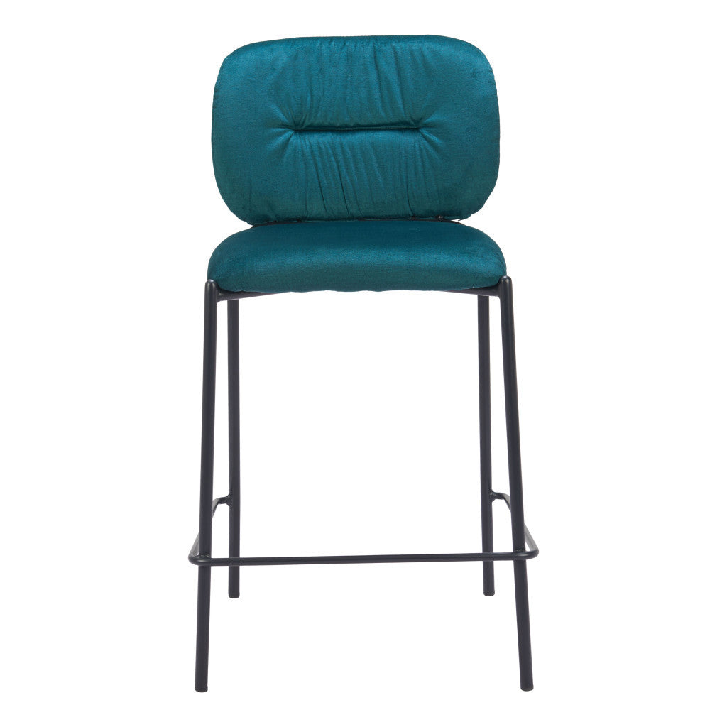 Set of Two 25" Green and Black Velvet and Steel Counter Height Bar Chairs-2