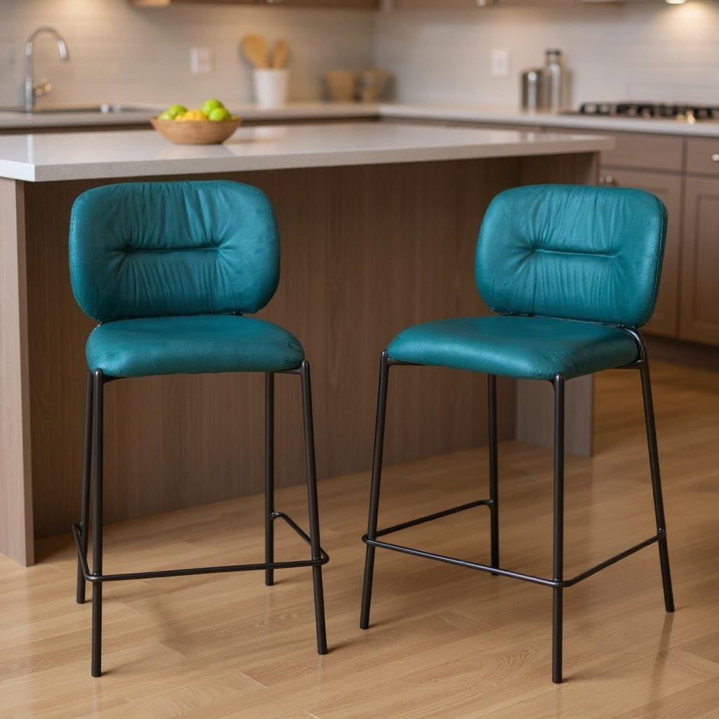 Set of Two 25" Green and Black Velvet and Steel Counter Height Bar Chairs-0