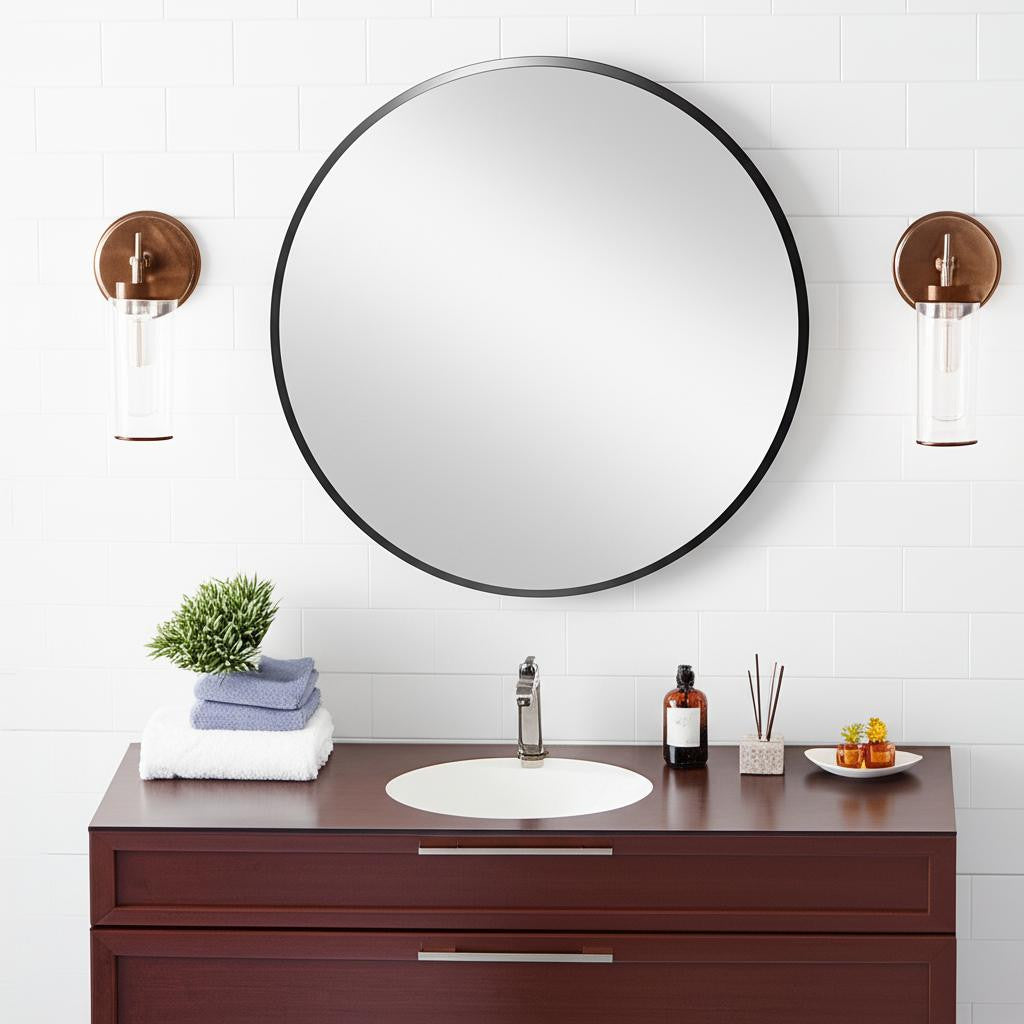20" Black Round Aluminum Framed Bathroom Vanity Mirror-Mirrors-DECOROLALA