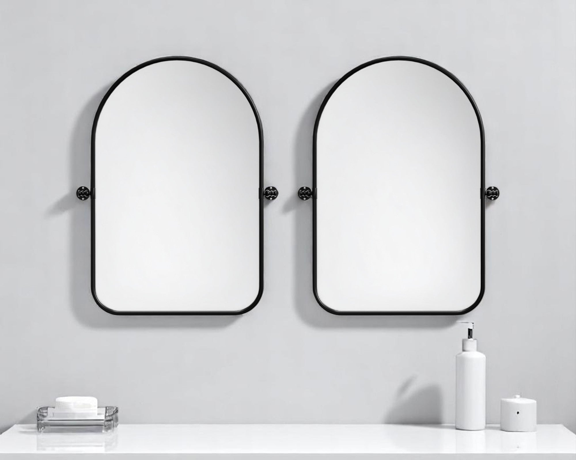Set of Two Black Iron Arch Tilting Framed Bathroom Vanity Mirrors-0