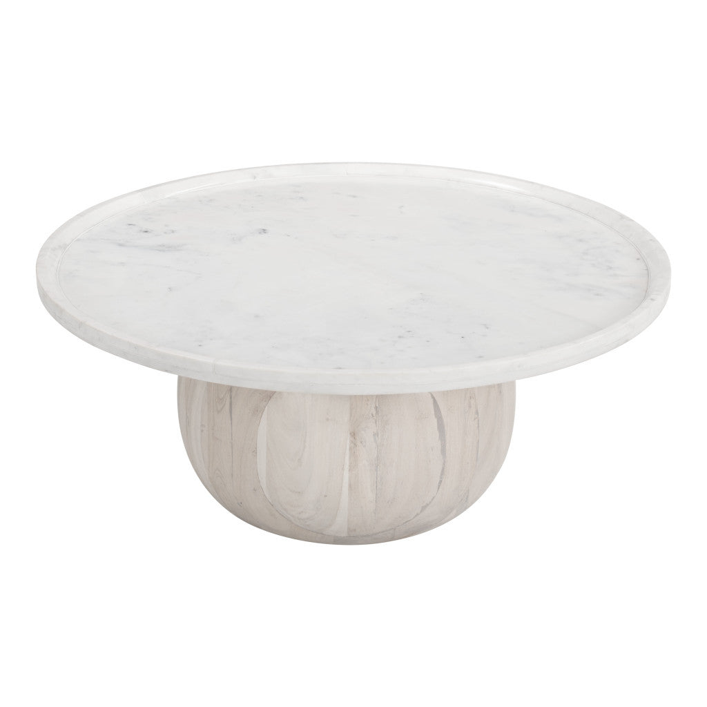 35" White and Natural Wood And Faux Marble Round Pedestal Coffee Table-Coffee Tables-DECOROLALA