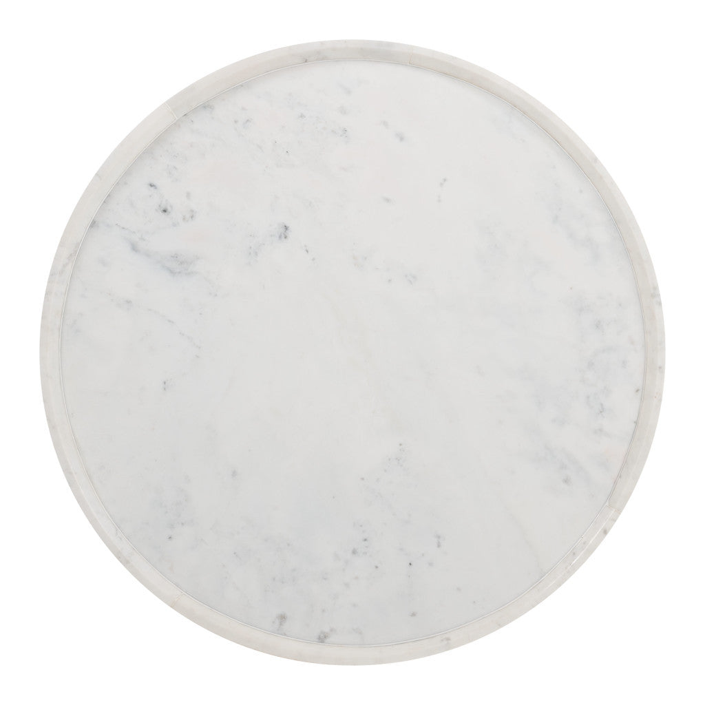 35" White and Natural Wood And Faux Marble Round Pedestal Coffee Table-Coffee Tables-DECOROLALA