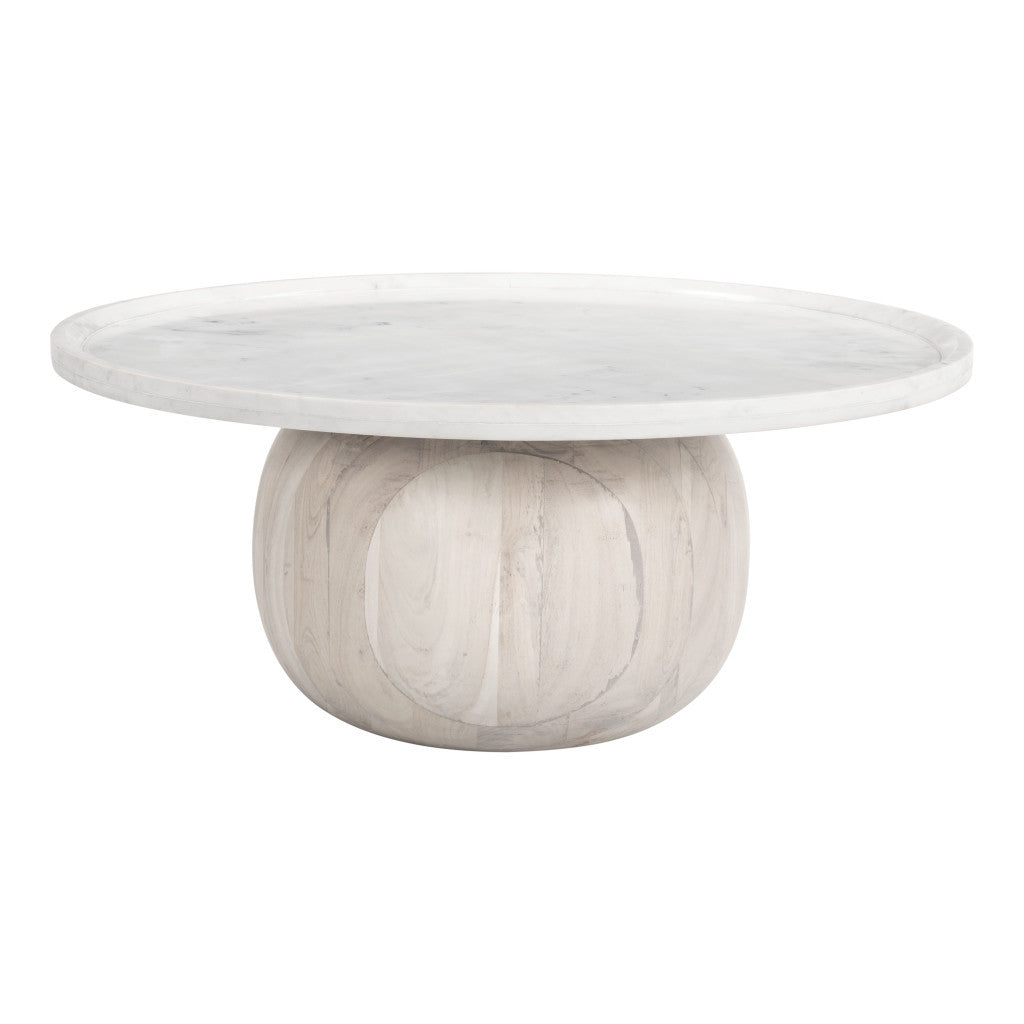 35" White and Natural Wood And Faux Marble Round Pedestal Coffee Table-Coffee Tables-DECOROLALA