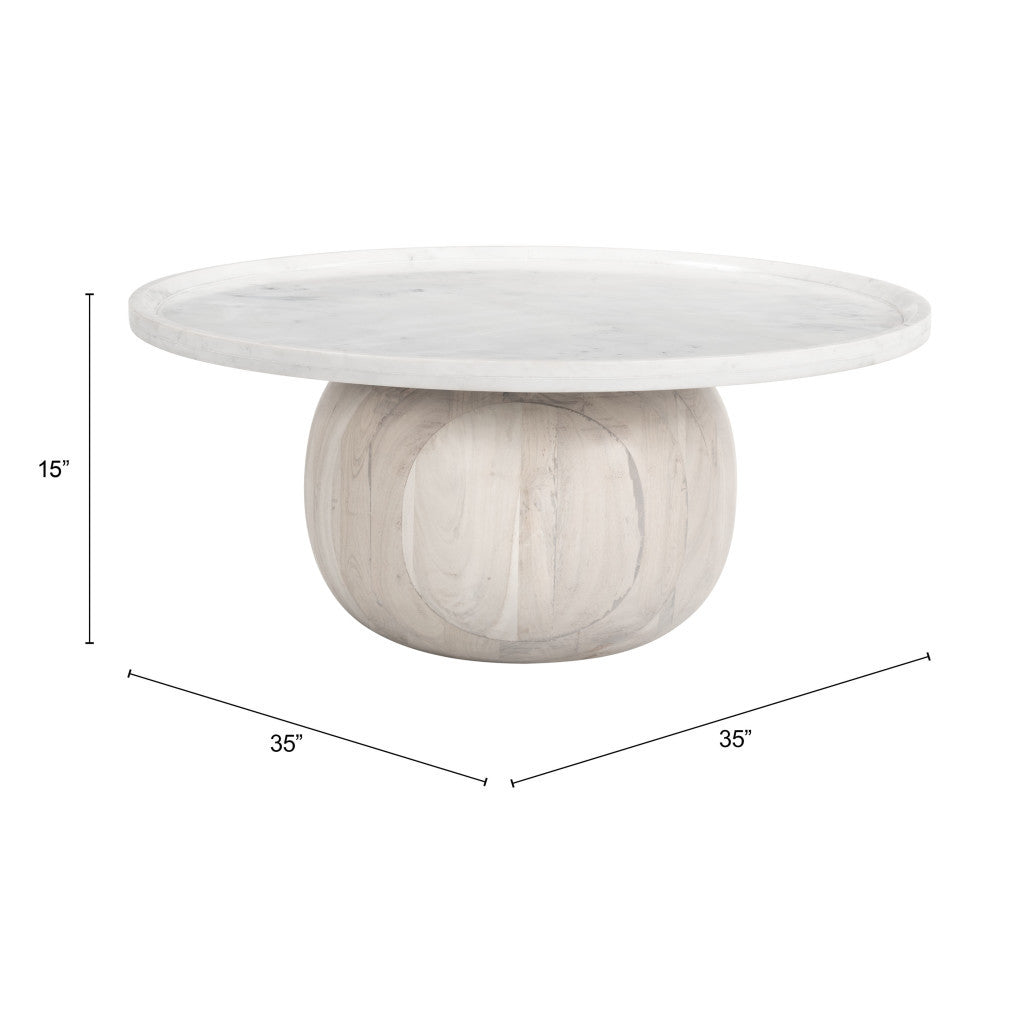35" White and Natural Wood And Faux Marble Round Pedestal Coffee Table-Coffee Tables-DECOROLALA