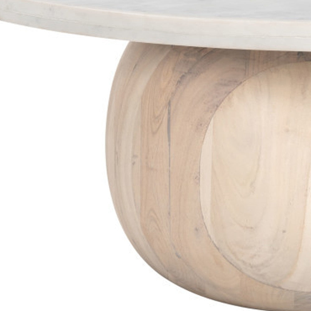 35" White and Natural Wood And Faux Marble Round Pedestal Coffee Table-Coffee Tables-DECOROLALA