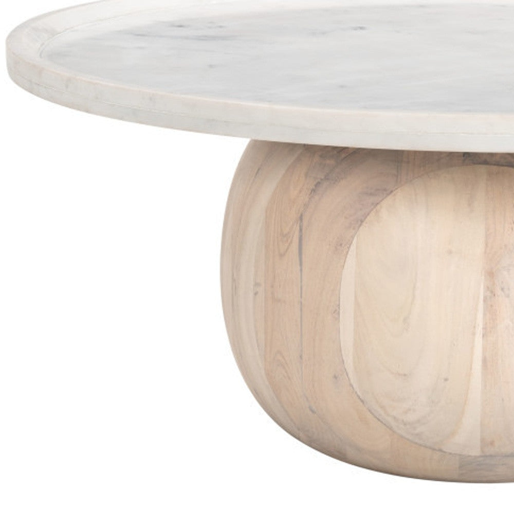 35" White and Natural Wood And Faux Marble Round Pedestal Coffee Table-Coffee Tables-DECOROLALA