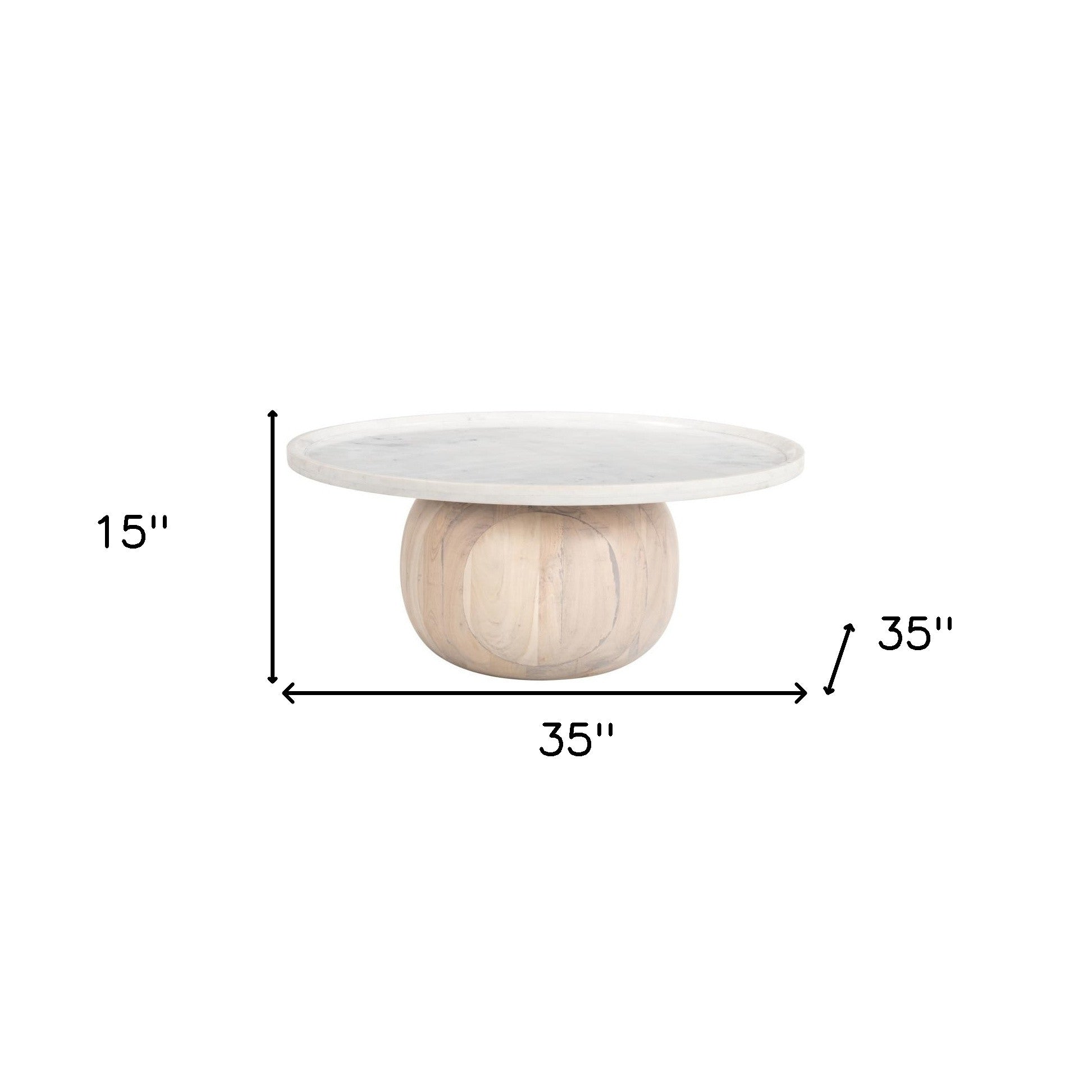 35" White and Natural Wood And Faux Marble Round Pedestal Coffee Table-Coffee Tables-DECOROLALA