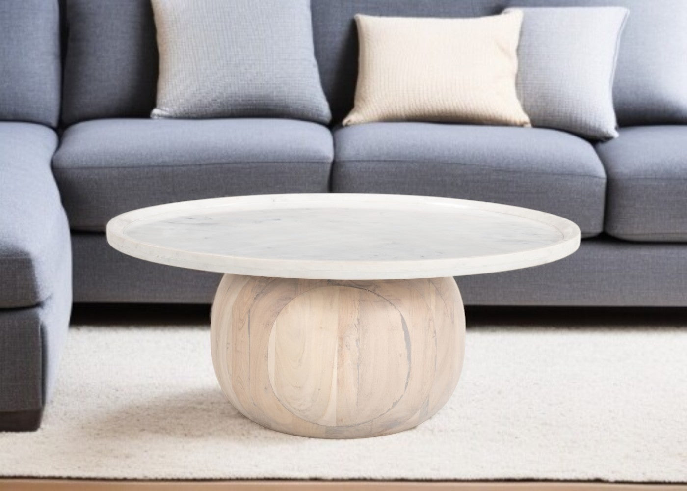35" White and Natural Wood And Faux Marble Round Pedestal Coffee Table-Coffee Tables-DECOROLALA