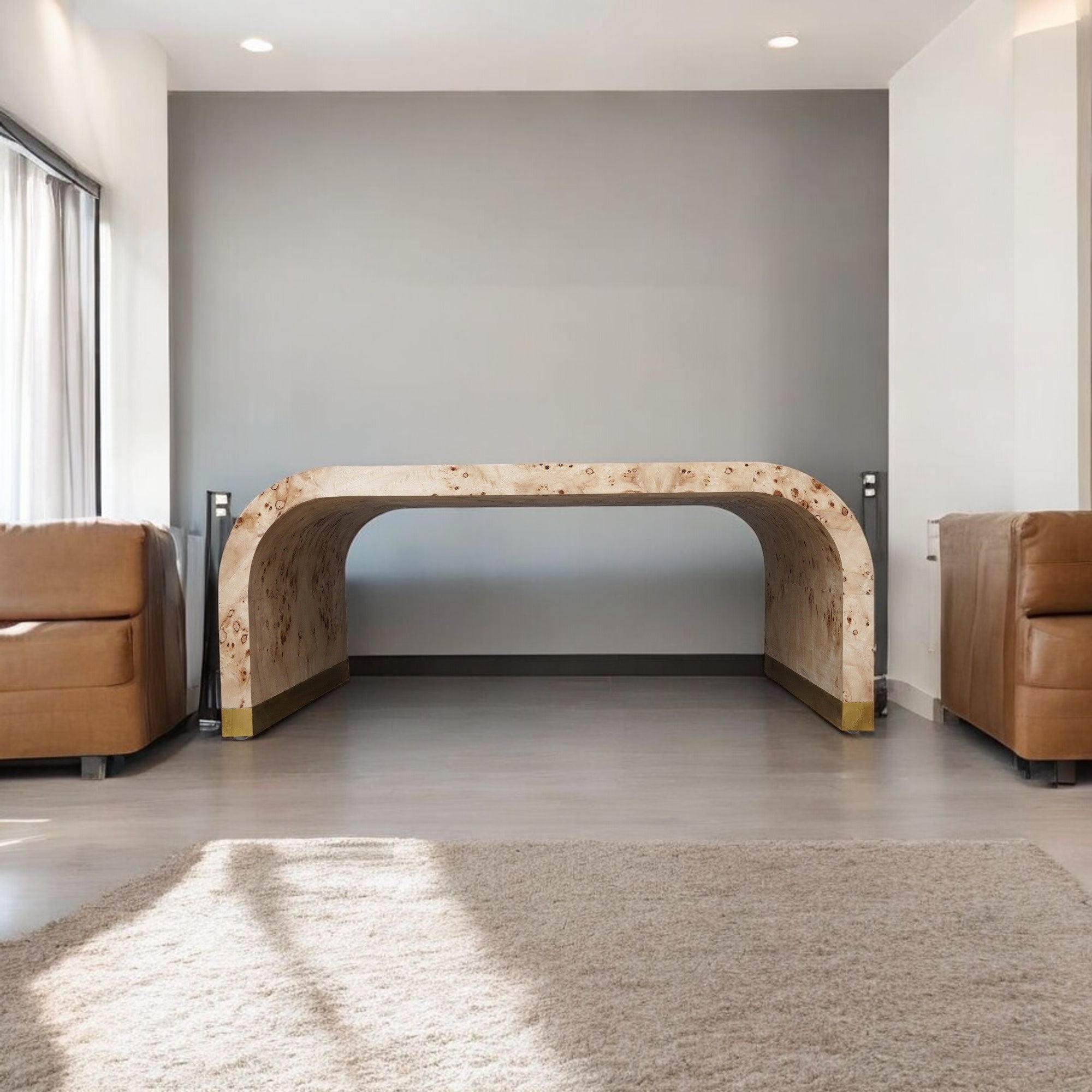 24" Natural And Brass Wood And Brass Oval Coffee Table-Coffee Tables-DECOROLALA