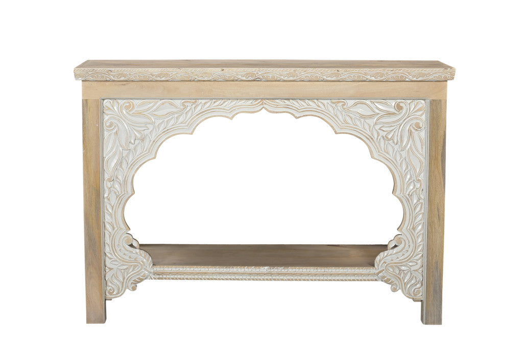 56" Natural Solid Wood Distressed Console Table With Shelf-Console Tables-DECOROLALA