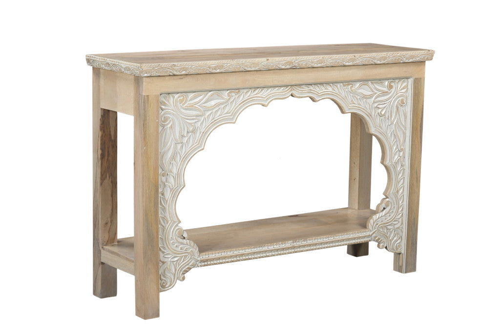 56" Natural Solid Wood Distressed Console Table With Shelf-Console Tables-DECOROLALA