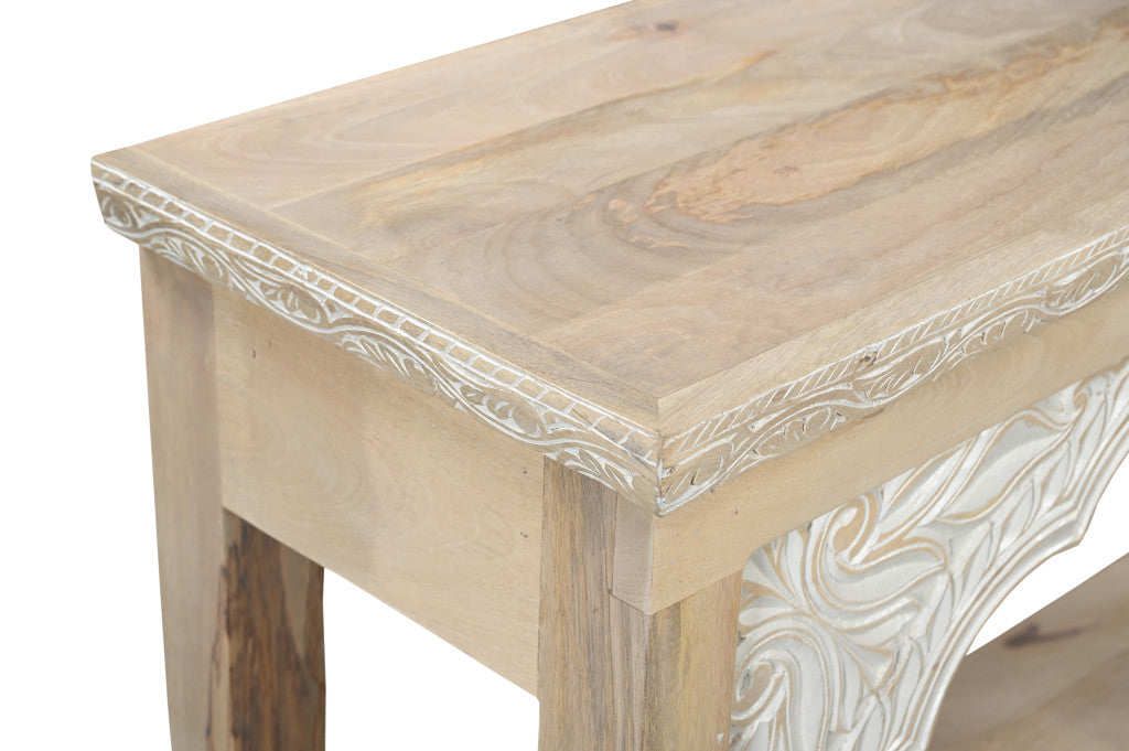 56" Natural Solid Wood Distressed Console Table With Shelf-Console Tables-DECOROLALA