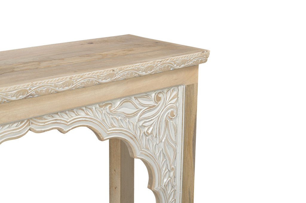 56" Natural Solid Wood Distressed Console Table With Shelf-Console Tables-DECOROLALA