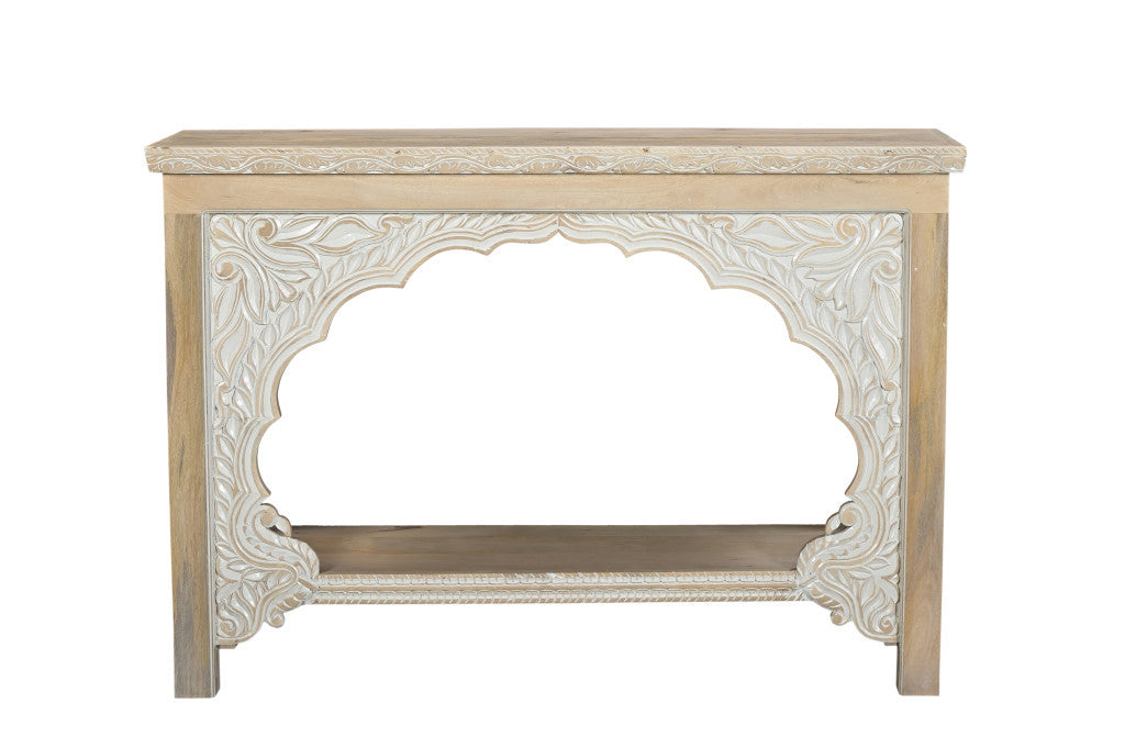 56" Natural Solid Wood Distressed Console Table With Shelf-Console Tables-DECOROLALA