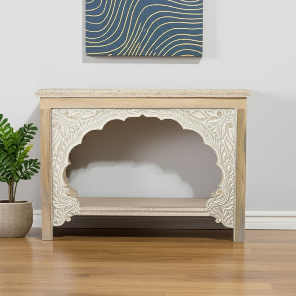 56" Natural Solid Wood Distressed Console Table With Shelf-Console Tables-DECOROLALA
