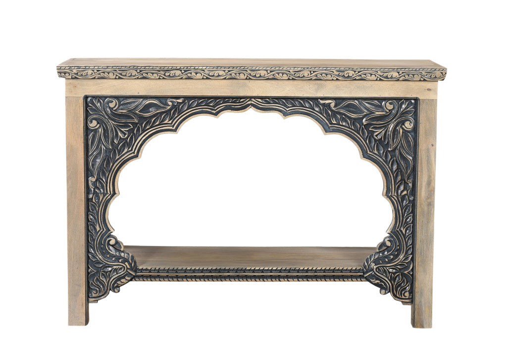 56" Natural and Black Solid Wood Distressed Console Table With Shelf-Console Tables-DECOROLALA