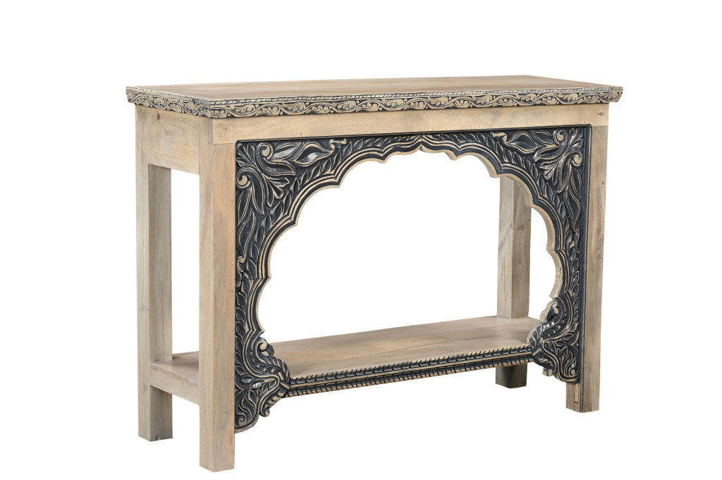 56" Natural and Black Solid Wood Distressed Console Table With Shelf-Console Tables-DECOROLALA