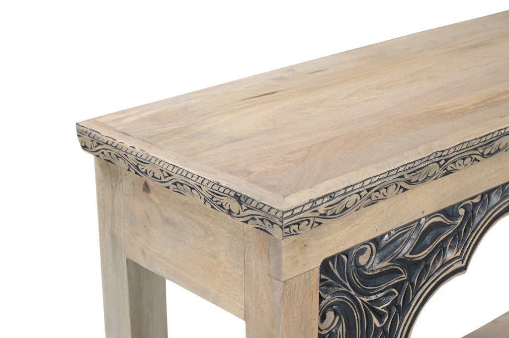 56" Natural and Black Solid Wood Distressed Console Table With Shelf-Console Tables-DECOROLALA