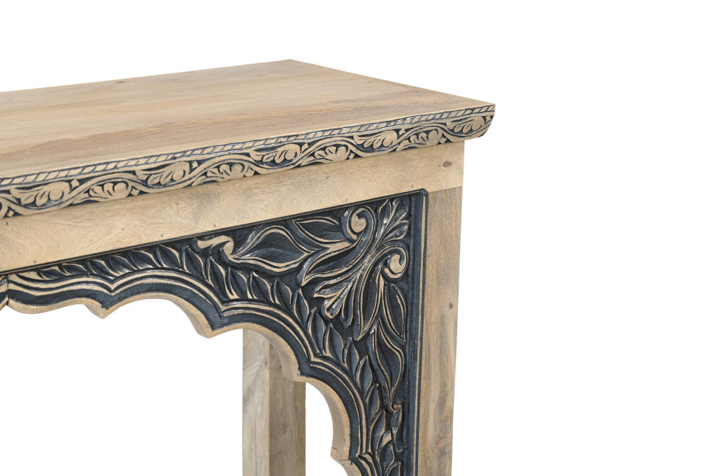 56" Natural and Black Solid Wood Distressed Console Table With Shelf-Console Tables-DECOROLALA
