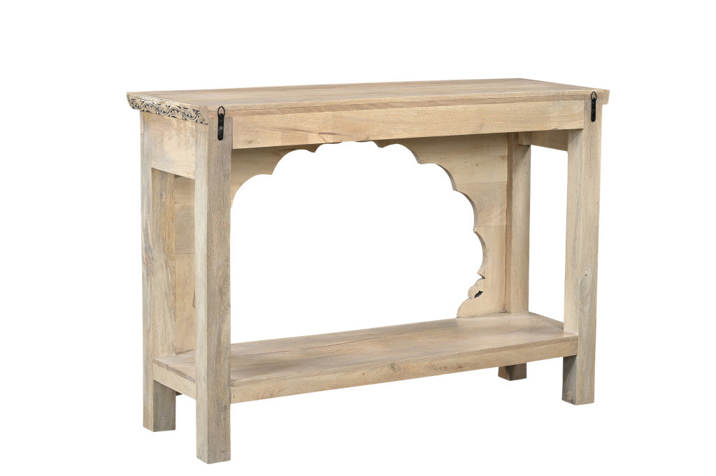 56" Natural and Black Solid Wood Distressed Console Table With Shelf-Console Tables-DECOROLALA