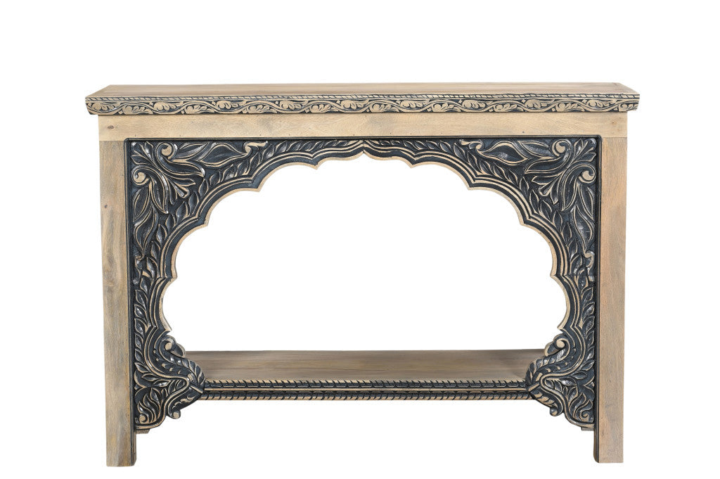 56" Natural and Black Solid Wood Distressed Console Table With Shelf-Console Tables-DECOROLALA
