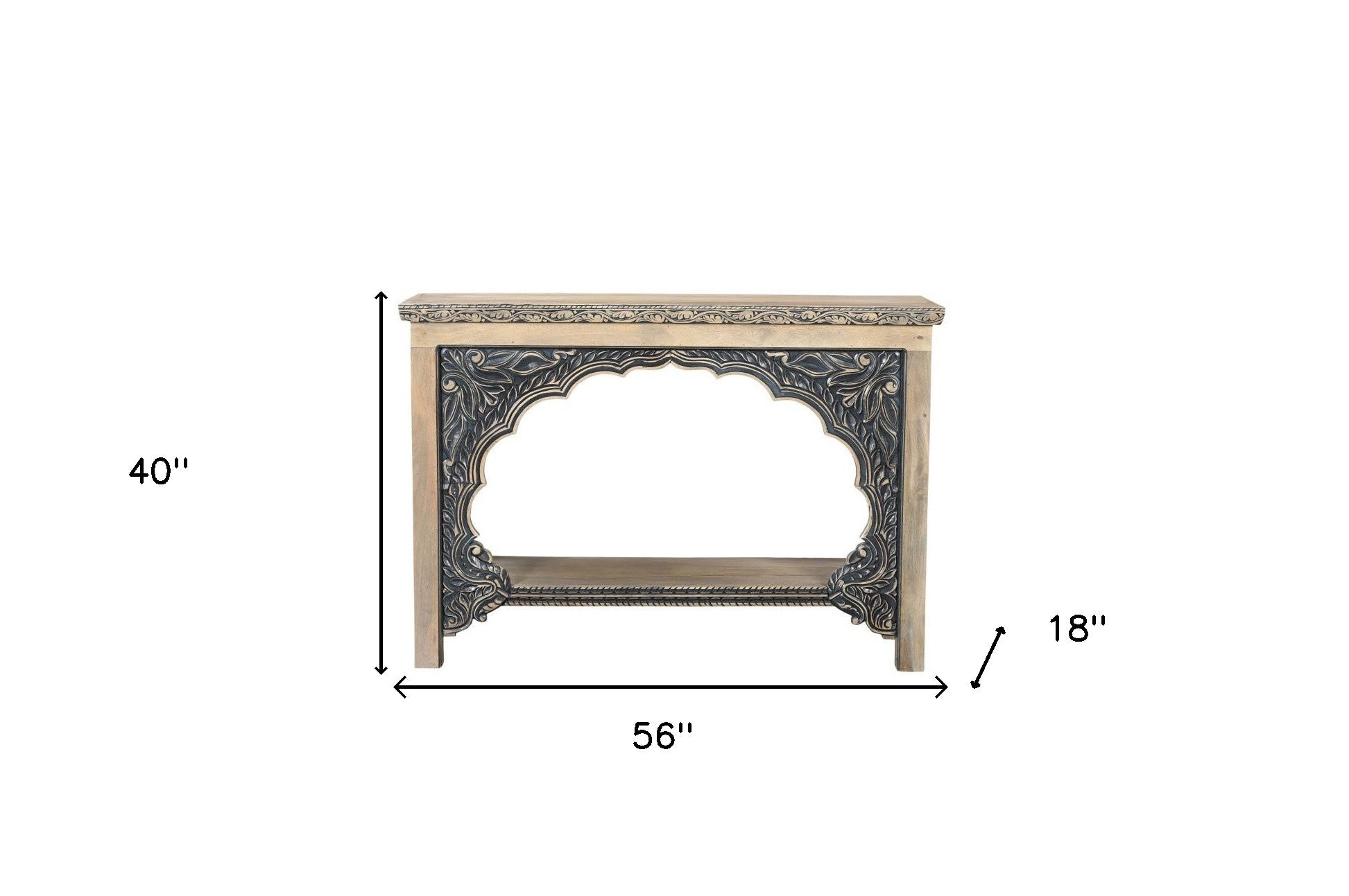 56" Natural and Black Solid Wood Distressed Console Table With Shelf-Console Tables-DECOROLALA