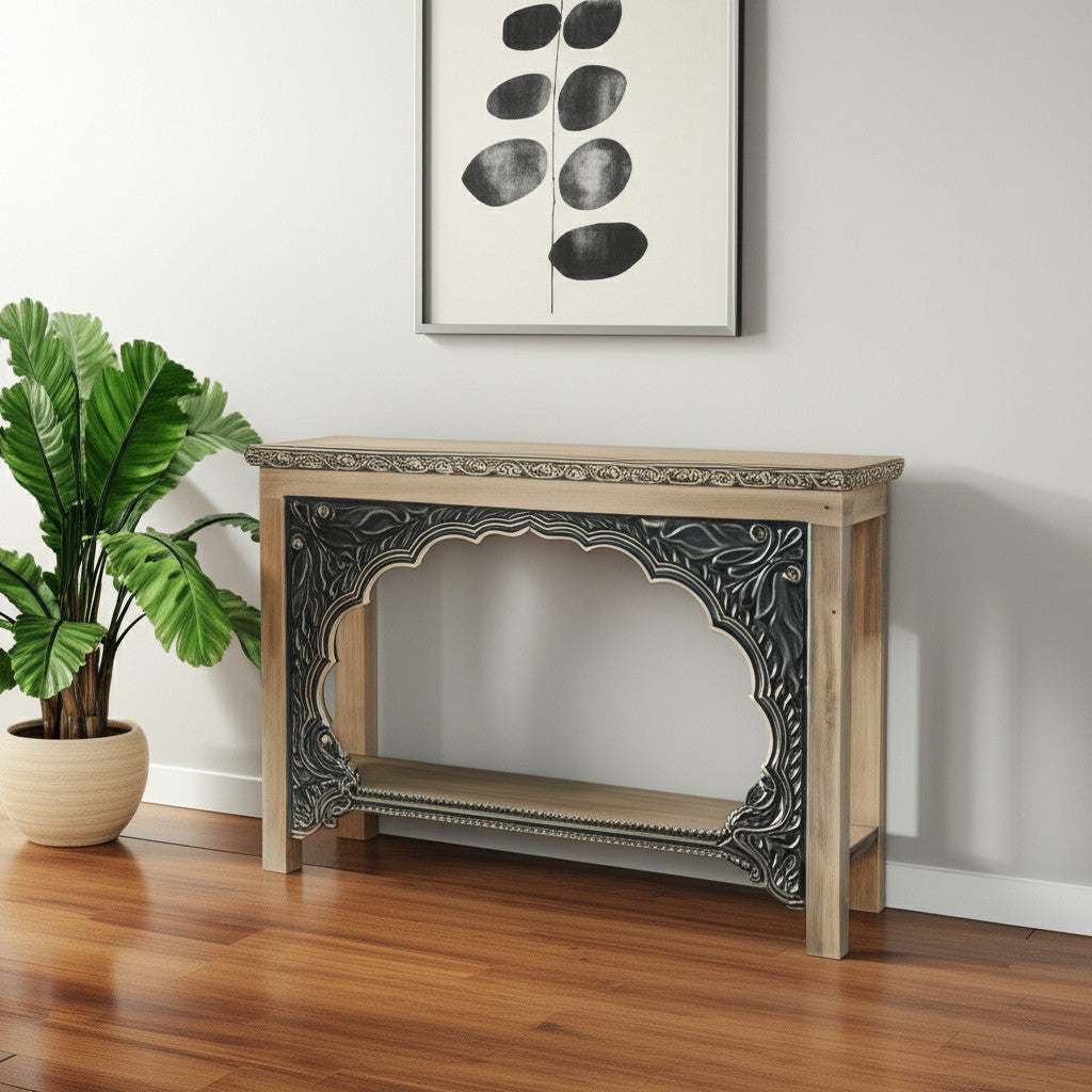 56" Natural and Black Solid Wood Distressed Console Table With Shelf-Console Tables-DECOROLALA