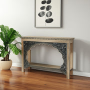 56" Natural and Black Solid Wood Distressed Console Table With Shelf-Console Tables-DECOROLALA