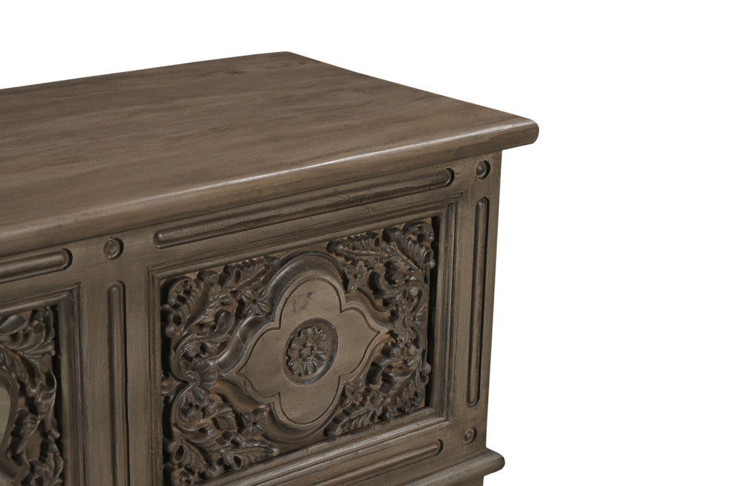 54" Brown Carved Floral Solid Wood Storage Ottoman-Ottomans-DECOROLALA