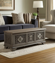 54" Brown Carved Floral Solid Wood Storage Ottoman-Ottomans-DECOROLALA