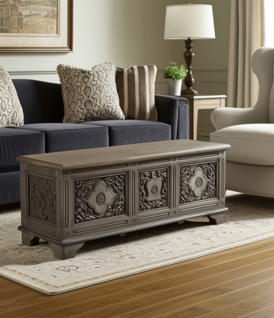 54" Brown Carved Floral Solid Wood Storage Ottoman-Ottomans-DECOROLALA