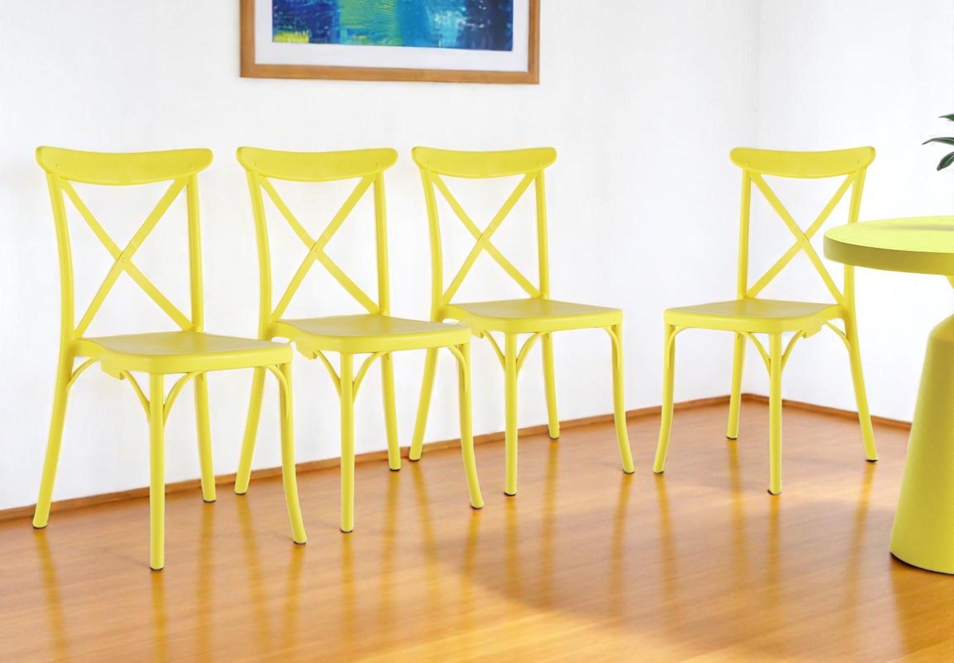 Set of Four Yellow Heavy Duty Plastic Cross Back Dining Chairs-Outdoor Chairs-DECOROLALA